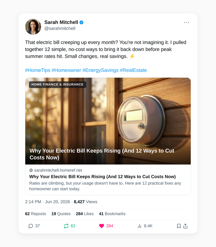 Branded social post from a LeadUp agent shared to X, linking back to their site