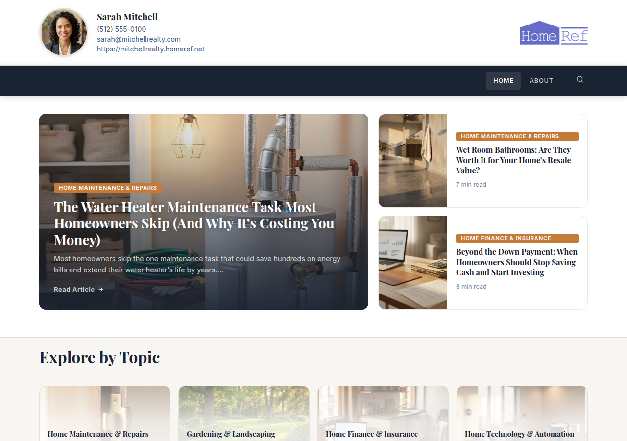 Agent-branded HomeRef website with articles and headshot